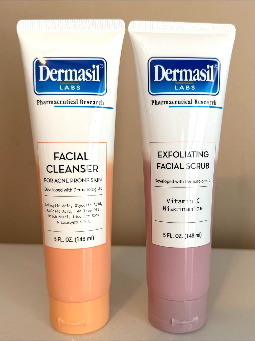 DERMASIL FACIAL CLEANSER/EXFOLIATING FACIAL SCRUB (5 FL OZ EACH) SEALED